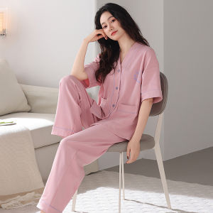 Miiow | Pink Pure Cotton Short Sleeve Sleepwear Womens Summer Outfit Home Clothes V-neck Cartoon Print Youth Size Comfortable Nightgown