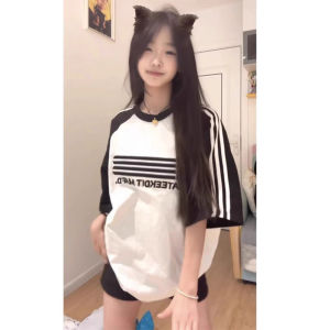 American Color Block Shoulder Insertion Three Bars Short Sleeve T Shirt Womens Loose Half Sleeve Top for Junior High School Students Summer Cotton round Neck Moisture Wicking