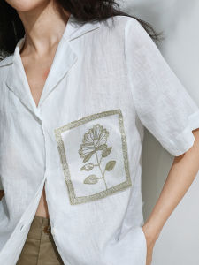 Miccbeirn | Pure Linen Embroidered Short Sleeve Shirt Casual Turn-down Collar Leisurely Style Bright Sequin Touch Elegant Unique White Top