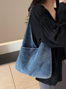 Casual Large Capacity Denim Bucket Bag Womens Commuter Single Shoulder Bag Relaxing Handheld Tote Bag Korean Style Shopping Bag