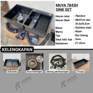 Paket Lengkap Kitchen Sink Hitam 2 Lubang Selang  Avur Tirisan Tempat Sabun dan Kran