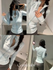 Slimming Waistcoat Define Powder Blue Hooded Sports Jacket Tight Fit Belle Pink Long Sleeve Nylon Yoga Outerwear for Women