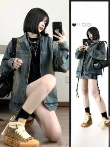 Retro Hong Kong Style Washed Vintage Denim Jacket Womens Spring Autumn Loose Long Sleeve Stand Collar Jacket Trendy Top