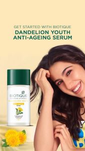 Biotique Dandelion Youthful Anti Aging Serum Fades Wrinkles Dark Spot and Uneven Skin Tone Organic Serum Brightening Moisturizing Anti Oxidant Radiant Glow Ayurvedic Youthful Product Nourishing