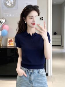 XIAMENGSHI | Áo Thun Knit Cổ Polo Tay Ngắn Thiết Kế Độc Đáo cho Nữ