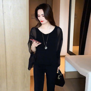 Fashionable Summer Set for Women New Arrival Loose Chiffon Shirt and Flare Pants Slimming Two-Piece Polyester Fiber Set