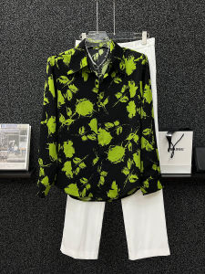 Casual Floral Print Silk Mens Shirt Shoulder Pads Long Sleeve Ice Sensation Smooth Fabric Korean Style Handsome Summer Shirt