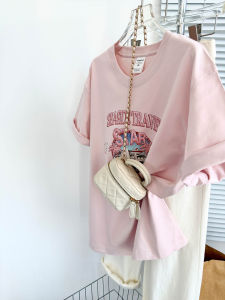 Youthful Design Sweet Style Letter Print Pale Cream Pink T-Shirt Cotton