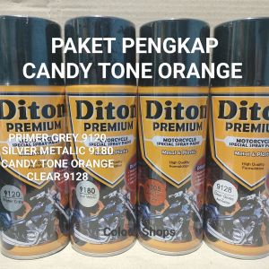 Pilok Cat Diton Premium Paket Lengkap 4 kaleng Candy Orange Candi Tone Oren 9305 Primer Grey Epoxy 9120 Silver Metalic 9180 Clear Glossy 9128 400cc Pilox Paketan Cat Semprot Special Spray Paint
