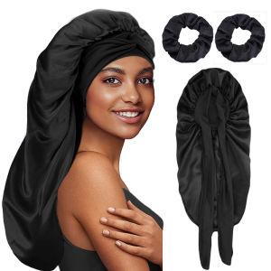 3PCS/LOT Long Tube Women Satin Bonnet Silky Elastic Night Sleeping Night Hat Beauty Salon Hair Care Hat Bathroom Cap Hair Ropes
