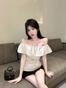 GUZILIAN | French Elegance One Shoulder Tulip Collar Short Sleeve T-Shirt Women Summer New Style Slimming Exposed Shoulder Short Top