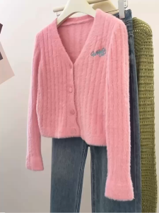 AN-1715 Cropped Fur Cardigans For Girls Long Sleeve Buttons Trough V-Neck Short Casual Sweaters Kpop Jacket Office Blazer Top High Quality