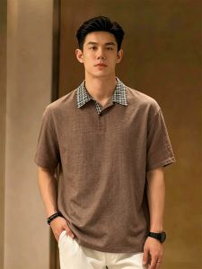 OUMULONG | Linen Gingham Patchwork Breathable Cotton Linen Relaxed Fit Crew Neck Mens Polo Shirt