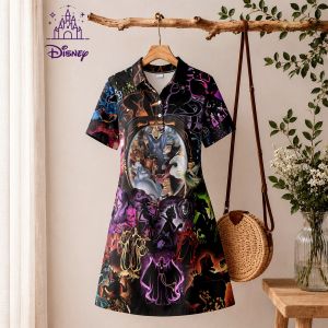 Disney | New Ethereal Costume Store A-line Daily Wear Dress Womens Disney Princess Print Polo Collar Mini Dress Elegant Women Dresses