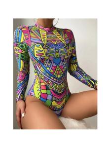 Bộ Đồ Bơi Một Mảnh in Họa Tiết Thời Trang Tay Dài Bộ Đồ Bơi Nữ Vải Polyester Nhanh Khô Phong Cách Đường Phố Mùa Hè 2025