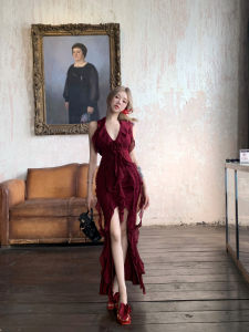 Red Wine Color Flower Backless Neck Hanging Dress Women Summer Lace Trim Slim Fit Skirt Pure Desire Waist Cinch Long Dress