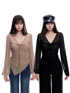 withmin | Áo Thun V-Neck Thời Trang Thu Độc Đáo Ôm Sát Kiểu Dáng Không Đều