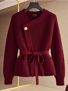 Red Knitted Open Cardigan Womens Autumn Winter Loose Fit Slimming Sweater with Waist-Cinching Belt Soft Comfortable Korean Style