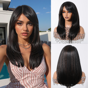 Dark Brown Straight Wig Medium Long Natural Layered Wigs With Bangs For Women Daily Cosplay Party Heat Resistant Synthetic Hair