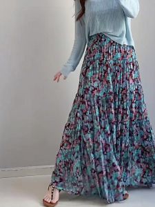 Blue Floral Design Elegant Midi Skirt Womens Full A-Line High Waist Slimming Skirts Fashionable Commute Korean Style