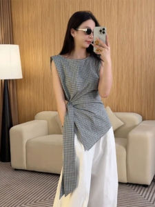 YUFUQING | เสื้อเชิ้ตผู้หญิงแขนกุดลายสก็อตสไตล์วินเทจฝรั่งเศส ดีไซน์ใหม่ กระโปรงทรงเอเข้ารูป เสื้อเชิ้ตผู้หญิงทรงตรง