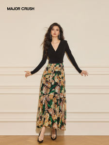 French Elegance Floral Printed Long Dress