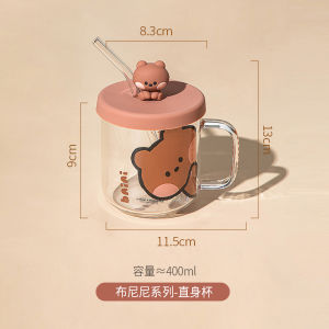 Charming Cartoon Straws High Borosilicate Glass Water Cup with Lid Cold Drink Female Straight Drinking Glass Cylinder Shape