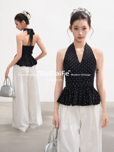 BAIDAIFEI | Black Halter Dots V-Neck Sleeveless Camisole Top for Slimming
