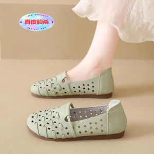 รองเท้าแตะหนังแท้ระบายอากาศสำหรับผู้หญิง ฤดูใบไม้ผลิและฤดูใบไม้ร่วง รองเท้าแตะแบบสวมสบาย ทรงหัวมน ส้นเตี้ย พื้นยาง