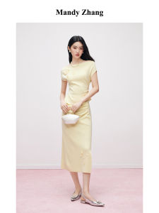 Elegant Heiress Style Wool Knit Dress Set With Beads One Shoulder Puff Sleeve