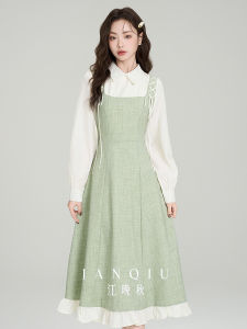 Elegant Green French Vintage Style Womens Dress Waist-Cinching A-Line Skirt Suitable for Autumn Winter Seasonal Design