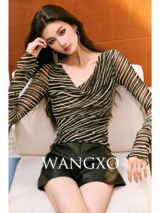 WANGXO | Áo Thun Voan Mỏng In Hình Nghệ Thuật Co Giãn Ren Sóng Nhẹ Nhàng