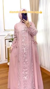 Gamis Set Outer Untuk Kondangan Wilona Dres Ceruty Babydoll Mix Brukat M L XL XXL 3XL Dress Brokat Premium Mewah Elegan Kekinian Baju Muslim Lebaran Terbaru Viral Jumbo
