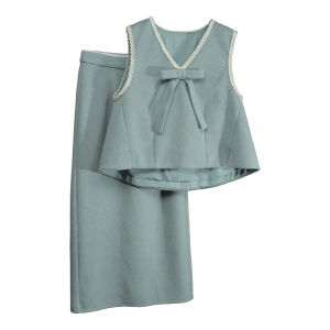 French Style Elegant Two-piece Set Bow Decorated Sleeveless Vest Straight Skirt