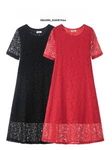 Summer New Style Red Lace Short Sleeve Dress Womens H-Line Cotton Blend Comfortable Fit Maxi Skirt Korean Style Commute