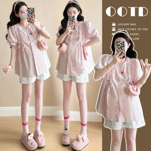 Breastfeeding Friendly Maternity Outfit Button-up Top with Butt Cover and Abdominal Support