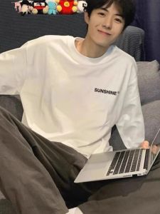 Loose Fit Mens Long Sleeve T-Shirt Pure Cotton Inner Wear Base Shirt Spring Autumn Fashionable Hong Kong Style round Neck Print