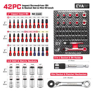 GEINXURN 42PCS Metric Impact screwdriver Bits SetS2 Steel mixed Bits impact Socket set with Eva Foam Storage Tray
