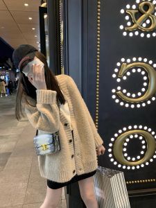 Pink V-Neck Soft Knit Sweater Coat for Women Thickened Mid-Length Lazy Style Loose Fit Knit Cardigan with Buttons