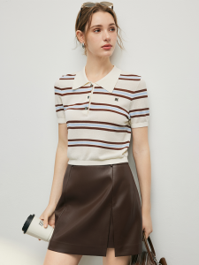 Famanxun Nautical Style Color Block Stripe Acetate Polo Neck Knitted Top Women Summer New Short Sleeve Cotton Blend Shirt