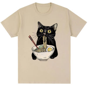 Sanrio | Funny Noodle Ramen Black Cat Graphic T-shirt Fashion Mens Womens Popular Short Sleeve Y2K Oversized Cotton T Shirts Streetwear