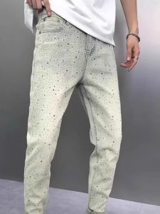 High-End Retro Washed Mens Slim Fit Jeans Fashionable American Casual Rhinestone Long Pants Youth Summer Wear Resistant