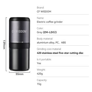 CF WISDOM New Portable Electric Coffee Grinder with Adjustable Coarse 402 Stainless Steel Six Star Grinding Core Christmas Gift
