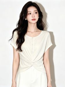 SHUAIYUE | Áo Blouse Tay Ngắn Ôm Body Đính Nơ Thanh Lịch