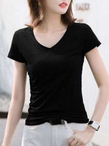 Black Short Sleeve V-Neck T-Shirt Womens Summer Slim Fit Base Color Large Size Female Clothing Casual Style Pure Cotton Material