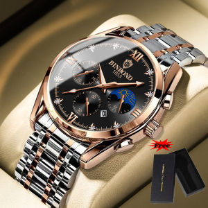 [With Free Box]Ykai Fashion Mens Watches Luxury Brand Dual Calendar Luminous Prismatic Diamond Dial Stainless Steel Strap Waterproof Quartz Wristwatch Fashion Casual Golden Watch B3591