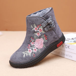 SHIPAILUO | Old Beijing Embroidered Fleece Lined High Top Womens Cloth Shoes Comfortable Anti Slip Cotton Shoes For Middle Aged And Elderly Mothers