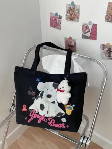 Cute Japanese Retro Canvas Tote Bag with Large Capacity and Double Root Shoulder Strap for Female Students Casual Scenario