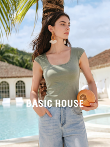 Basic House | Green Modal Sleeveless Square Neck Tshirt