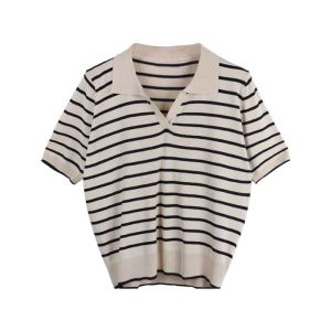 🦋 VEVE Fashion korean style stripe polo shirt for women knitted blouse on sale casual top v-neck short sleeve loose fit